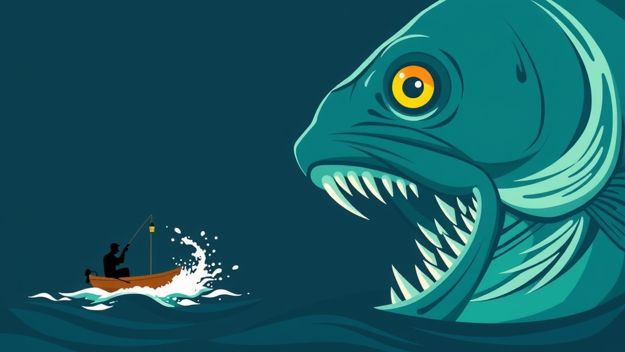 A huge turquoise fish arcing out of dark water beside a tiny angler on a raft